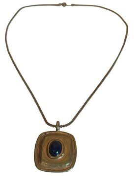 Vintage Gold-Tone Square Pendant Necklace Blue Cabochon Stone Centerpiece Career